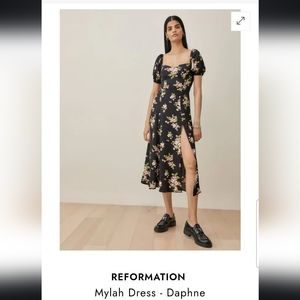 Reformation, “Mylah dress in Daphne print,” Cap sleeve midi-length dress